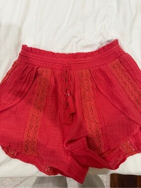 American Eagle Outfitters Red Lace-Trim Athletic Shorts